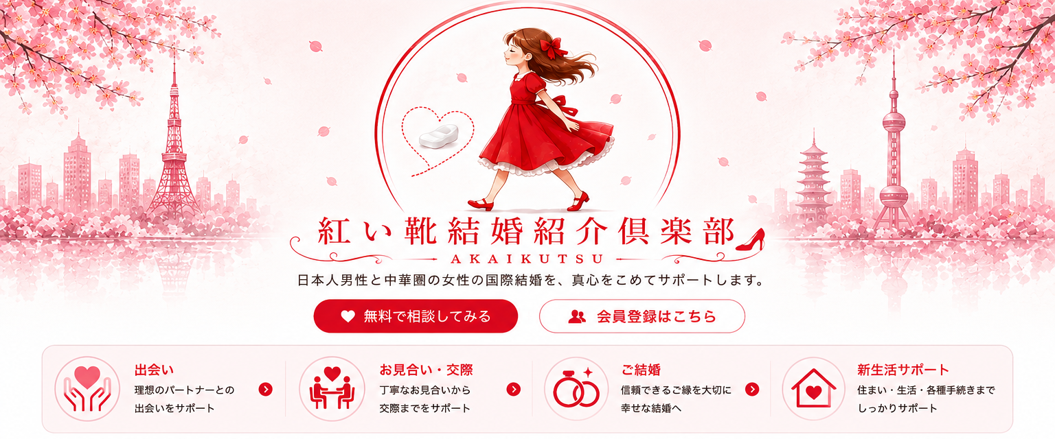紅い靴結婚紹介倶楽部 AKAIKUTSU 日本人男性と中華圏女性の国際結婚をサポート